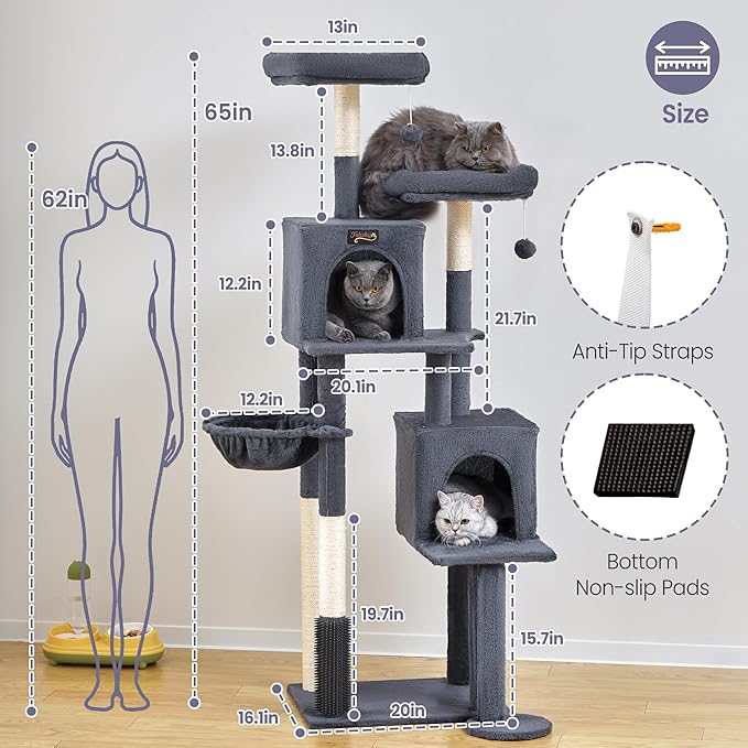 Cat Tree Tower for Indoor Cats Large Adult - 65 inch Extra Tall Cat Condo Trees with Scratching Post Hammock Perch - Big Heavy Duty Multi Level Cat House Towers - Kitty Condos Climbing Furniture