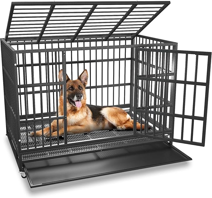 48/42/38 inch Heavy Duty Indestructible and Escape-Proof Dog Crate Cage Kennel for Large Dogs, High Anxiety Dog Crate with Removable Wire Trays and Wheels, Extra Large XL XXL