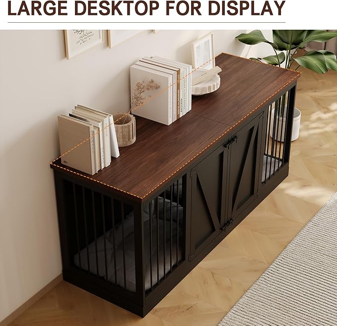 Dog Crate Furniture - Indoor Wooden Dog Kennel Furniture with Room Divider - 71"x23.6"x31.5"H, Black