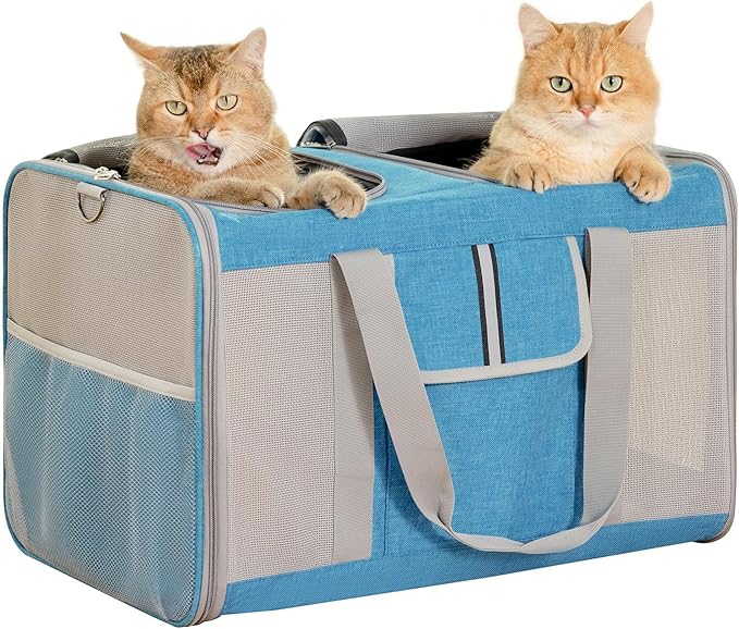 Large Cat Carrier for 2 Cats, 21.7x 13.8x 13.8in Pet Carrier for Cat and Dog Up to 38lbs, All-Sided Mesh Cat Carrier with Great Ventilation, Portable Soft Sided Pet Carrier for Traveling(Blue)
