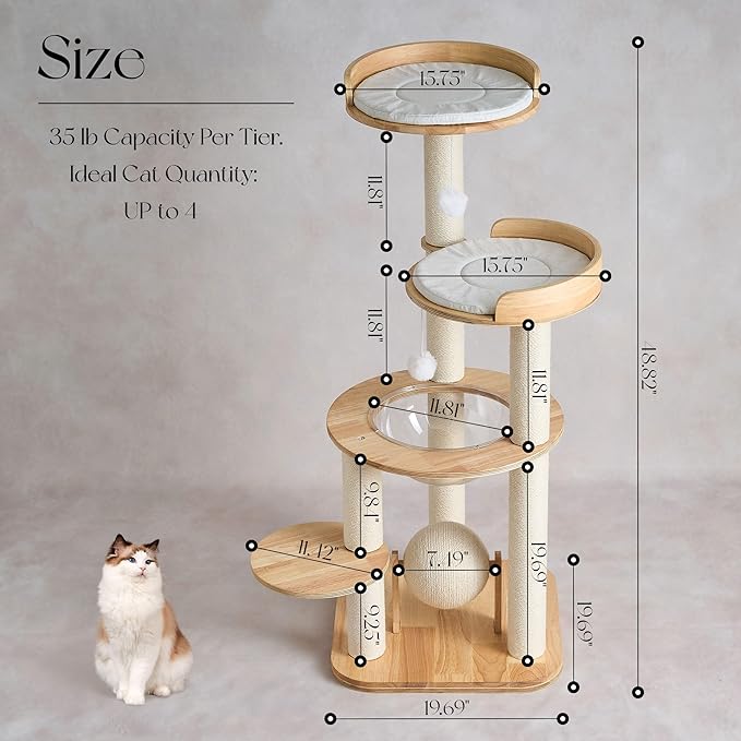 797Audio Modern Solid Wood Cat Tree Tower, 49" Tall Cat Tree with Sisal Scratching Posts and Capsule for Large Cats, Natural Oak Wooden Cat Tower,Aesthetic Multi-Level Cat Climbing Tree for Indoor Cat