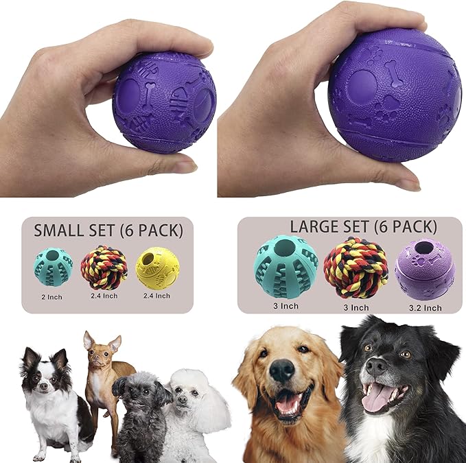 Jalousie Dog Puzzle Balls Dog Treat Dispensing Balls Non-Toxic Natural Rubber Dog Chew Toys for Puppy Pet Dog Teething Puzzle Playing Treat Dispenser Rope Balls (Small, 6 Pack Assorted)