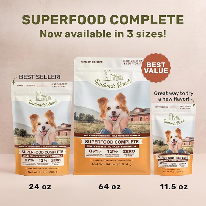BADLANDS RANCH - Superfood Complete, Air-Dried Adult Dog Food - High Protein, Zero Fillers, Superfood Nutrition by Katherine Heigl (11.5 oz. Wild Fish and Turkey Formula)