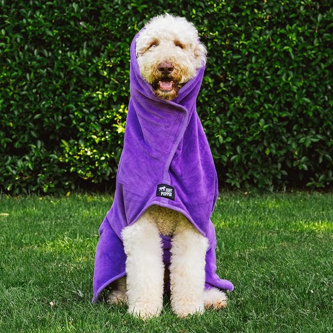 Tuff Pupper Fast Drying Dog Bath Robe | 800 GSM Plush Dog Towel Bathrobe/Dressing Gown | Super Absorbent Pet/Puppy Bathrobe | Adjustable Hood & Belly Strap | Super Soft | Fast Drying (XXXL, Purple)
