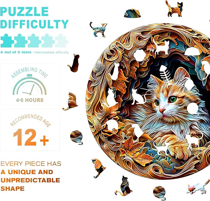 Wooden Puzzles for Adults - Unique Animal Shaped Cat Puzzle, 3D Vision Wooden Jigsaw Puzzle, Christmas Birthday Gifts for Friends/Family, Home Decor 8.5 * 8.5in 100pcs