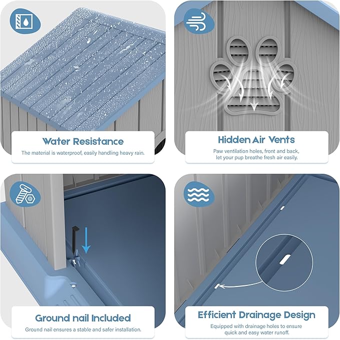 Large Dog House Outdoor Indoor for Medium Large Dogs, Durable Plastic Waterproof Doghouse with Air Vents and Elevated Floor, Easy Clean and Assemble (Light Blue, 36.2''L×38''W×38''H)