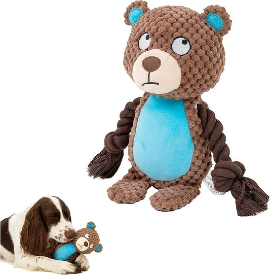 Plush Bear Dog Toy with Rope Arms, Squeaky Interactive Pet Toy, Brown and Blue, for Small & Medium Dogs