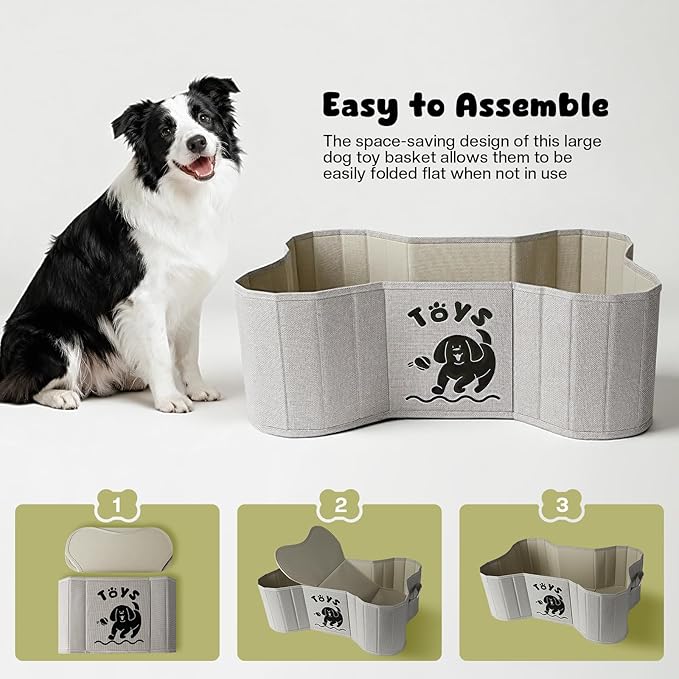 Dog Toy Basket, Collapsible Dog Bone Baskets for Toys, Dogs Storage Organizer with PU Handles, Pet Toys Basket with Bone Shape Design, Toy Baskets for Dogs, Gray