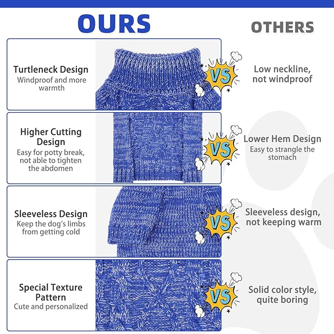 KOOLTAIL Dog Sweater for Large Medium Small Dogs, Fall Dog Sweaters, Turtleneck Cable Knitwear Pet Cold Weather Coats with Leash Hole, Warm Winter Pullover Clothes for Bulldog, Yorkie,Boy Girl,Blue SM