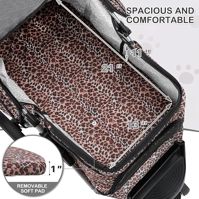 MoNiBloom 3 Wheels Pet Dog Cat Stroller for Small Medium Dogs Cats, Lightweight Foldable Jogger Stroller w/Storage Basket & Cup Holder, Leopard Print