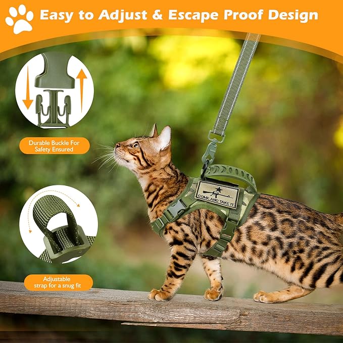 Tactical Cat Harness and Leash Set for Walking Escape Proof, Adjustable Large Cat Vest Harness with Molle Patches, Soft Mesh Padding, Rubber Handle Easy to Control