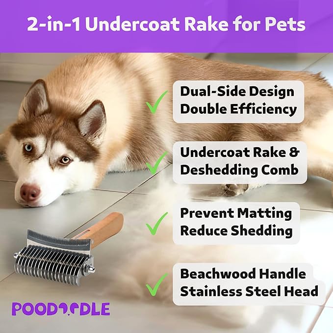 2 in 1 Undercoat Rake for Dogs and Cats, Professional Grooming Brush Dematting & Shedding Comb to Remove Loose Hair, Matted Fur Efficiently, Perfect for Poodle, Doodle & All Long Haired Pets
