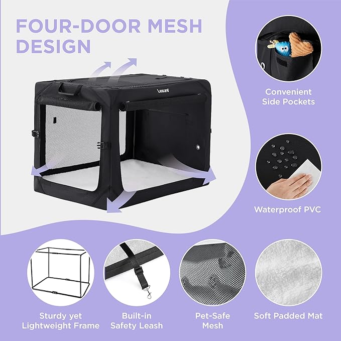 Lesure Collapsible Dog Crate - Portable Travel Kennel for Medium Dog, 4-Door Pet Crate with Mesh Windows, Indoor & Outdoor, Black