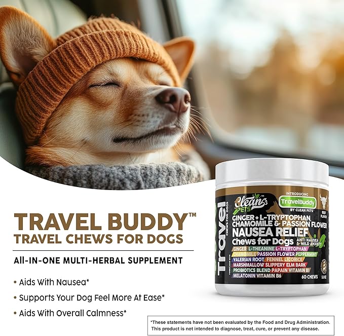 Travel Chews Nausea Relief for Dogs | Ginger L-Tryptophan Chamomile Passion Flower L-Theanine Peppermint Valerian Root Fennel Licorice Root Marshmallow Root Slippery Elm Melatonin Chew