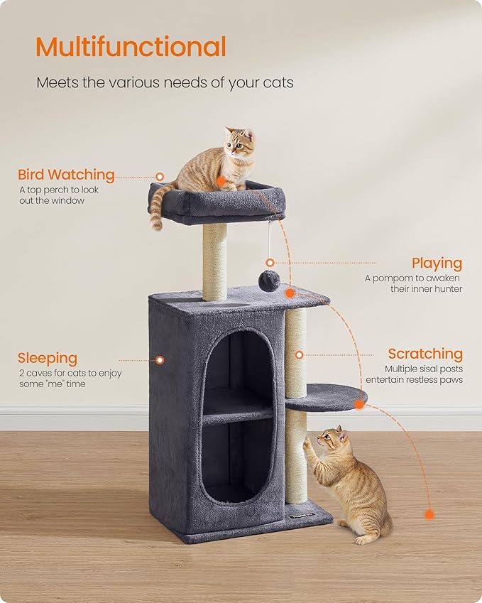 Feandrea Cat Tree, Small Cat Tower for Indoor Cats, Plush Cat Caves with Perch, Scratching Posts, for Small Spaces, Kittens, Dark Gray UPCT005G02