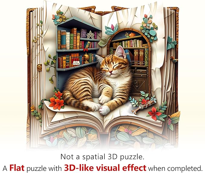 WOODBESTS Wooden Puzzles for Adults, Cat in The Book Wood Puzzles Adult(195 Pieces, M, 10.6 * 10.4in), Unique Shape Wooden Animal Jigsaw Puzzles, Birthday Gifts for Adults Family Game