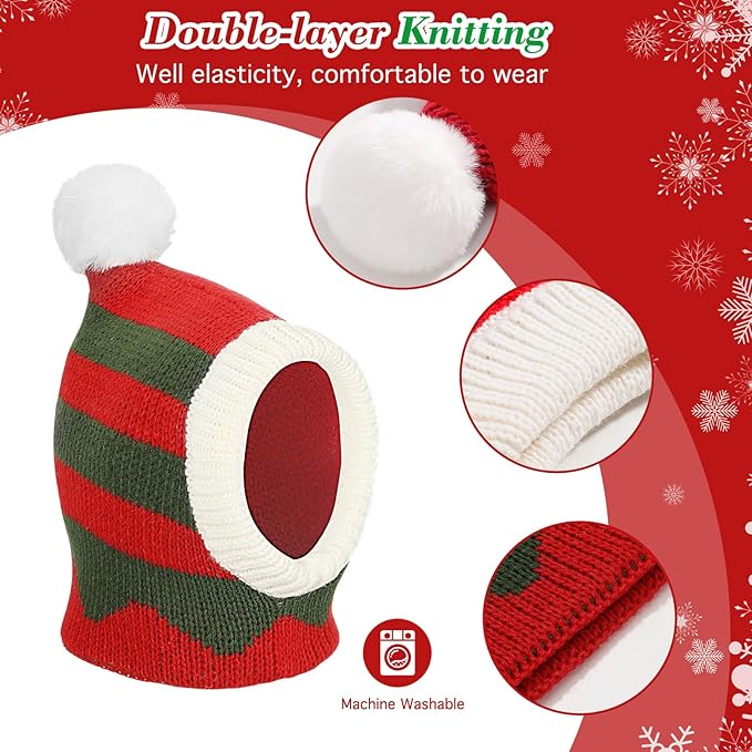 Pawaboo Christmas Pet Hat, Funny Knitted Pets Cap with Pompon, Cute Crocheted Snood Winter Warm Pet Hat, Neck Ear Warmer Hood Warm Scarf Xmas Decoration Santa Hats for Small Dogs, M, Red+Green