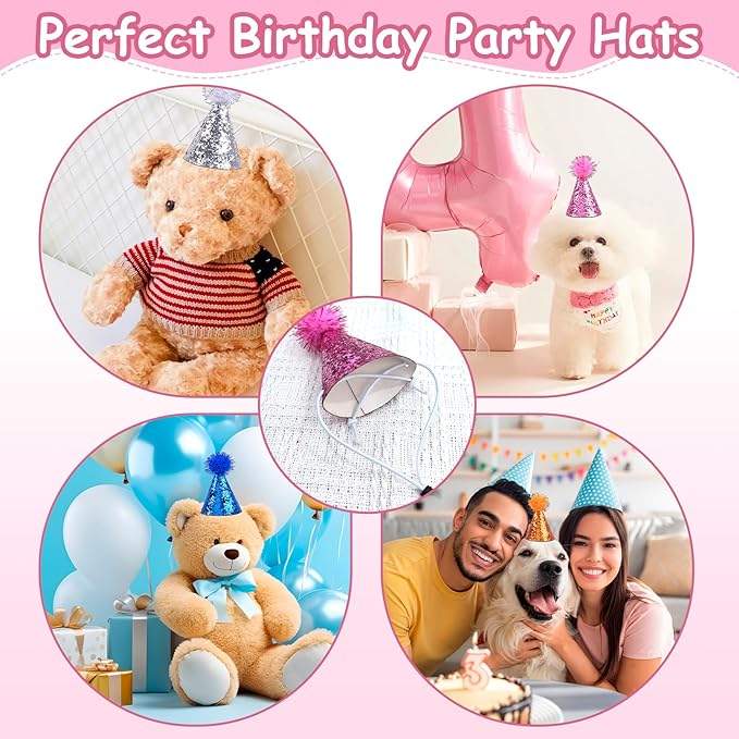 10Pcs Dog Cat Birthday Hat Mini Party Birthday Hats for Stuffed Animals Set Cute Small Party Hats with Glitter Adjustable Pastel Pet Grooming Costume Accessories Mini Stuff for Small Dogs Cats