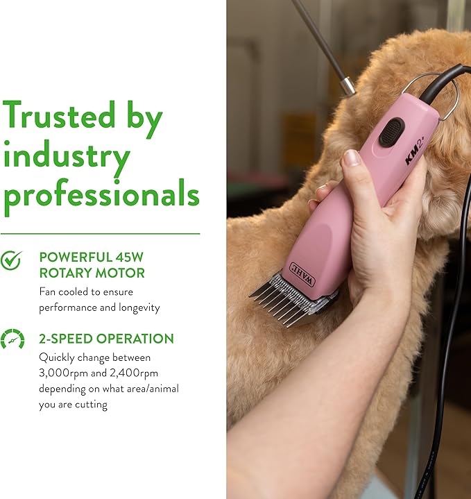 Wahl Pro Animal KM2+ Corded Clipper - Pet Clippers for Cats, Dogs & Horses - Premium Grooming Tools - 2 Speeds & 14-Foot Cord - Pink