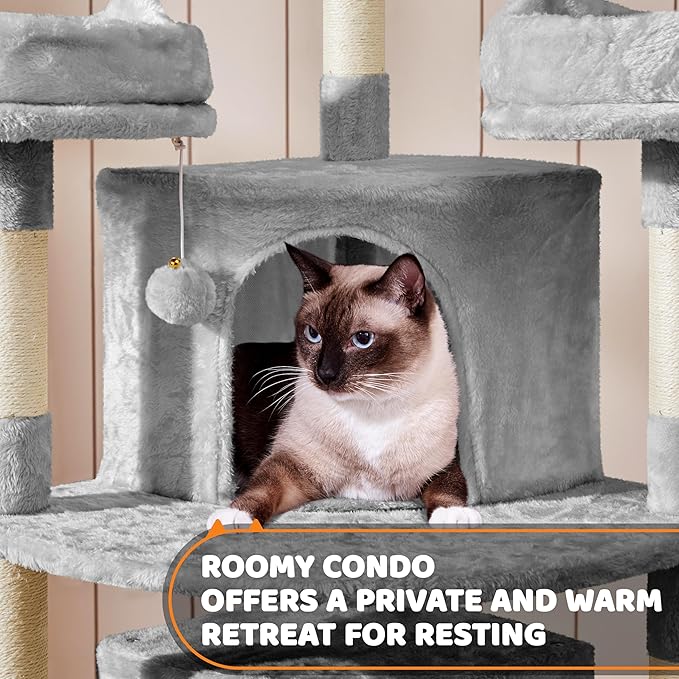 Yaheetech 68.5in Cat Tree for Large Cats, Multi-Level Cat Tower with 3 Wide Perches, Large Condo, Stable Pet Play House w/Sisal-Covered Scratching Posts & Board, Light Gray
