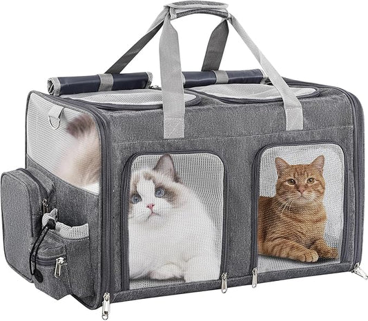 Cat Carrier for 2 Cats - Double Pet Carrier Extra Large, Dual Cabin Multi Cat Travel Carrier with Removable Divider, Collapsible, Can Hold 20 30 40 lbs for Two Small Kitten, a Medium Dog Gray