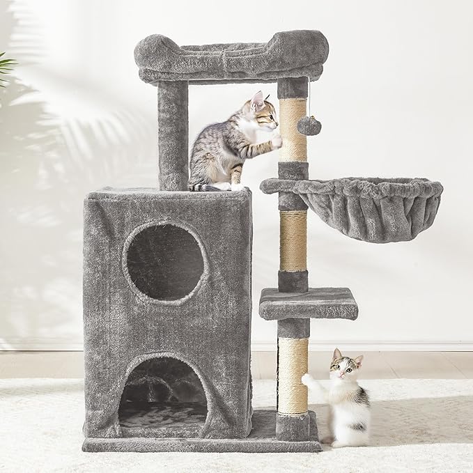 Multi-Level Cat Tree Tower for Large Cats with Scratching Posts, Condos, Perch, Hammocks & Toys, Cat Jungle Gym for Indoor Cats, Ideal for Multi-Cat Households, Grey