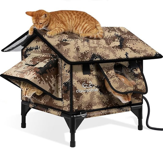 Indestructible Gable Roof Heated Cat House for Outside Winter, 100% Waterproof, Safe Escape Door, Insulated Outdoor Cat Shelter with Heater for Feral Barn Cat Kitty (Desert Camouflage, 15.5"x15"x19")
