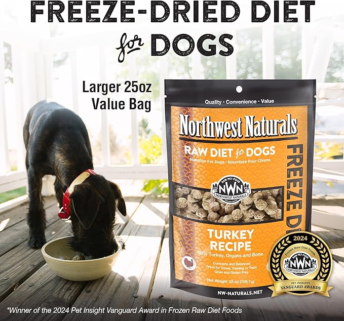 Northwest Naturals Freeze-Dried Turkey Dog Food - Bite-Sized Nuggets - Grain-Free, High-Protein, Raw Diet, Human-Grade, Limited Ingredients, All Natural, Made in The USA, Healthy & Nutritious - 25 Oz