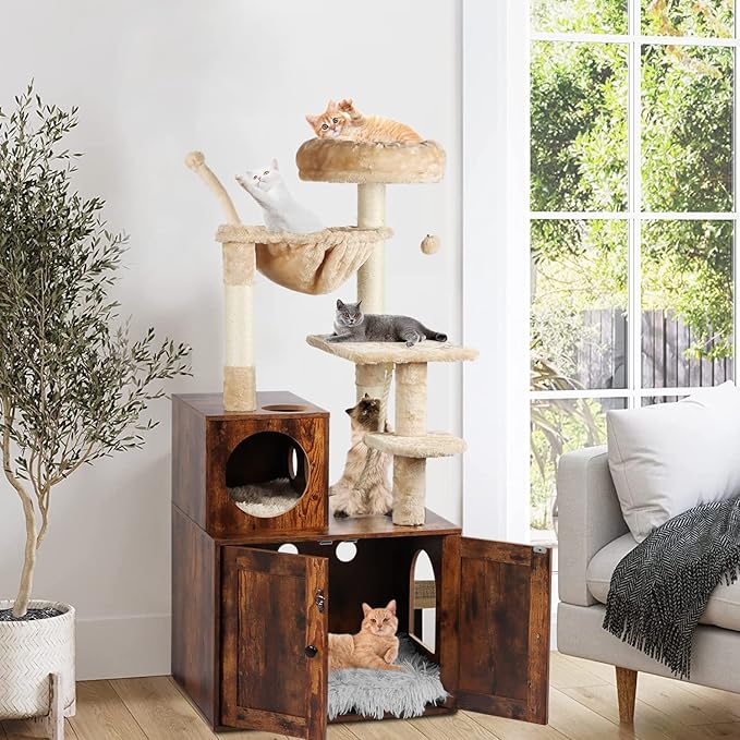 Cat Tree with Litter Box Enclosure, 2-in-1 Cat Tower for Indoor Cats, Large Wood Cat Condo with Basket, Scratching Posts, Pompoms, Rustic Brown