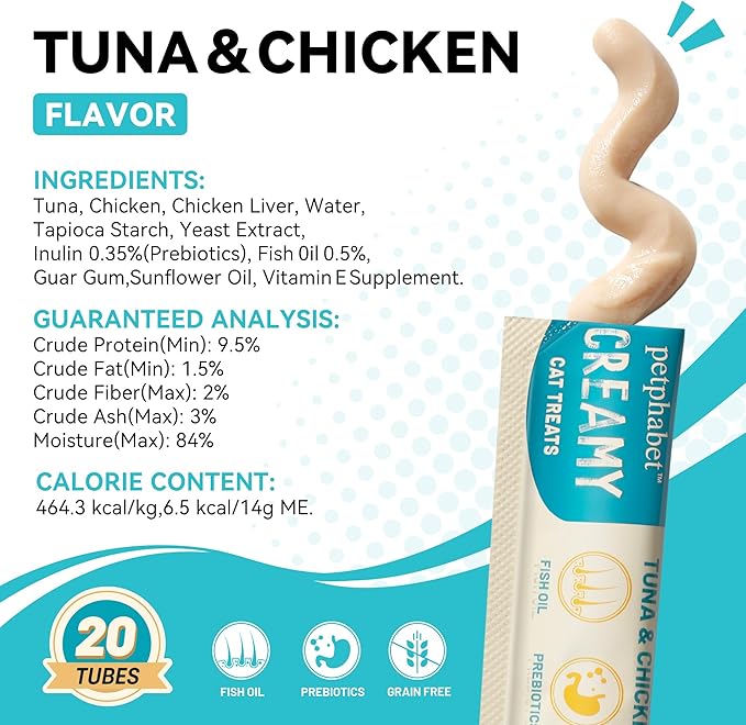 PETPHABET Lickable Cat Treats, Creamy Puree Wet Kitten Treats Tuna & Chicken Recipe, Squeezable Paste Cat Snacks, Grain-Free Kitty Treat, High Protein Squeeze Up Tubes for Cats (0.5 oz x 20 Counts)