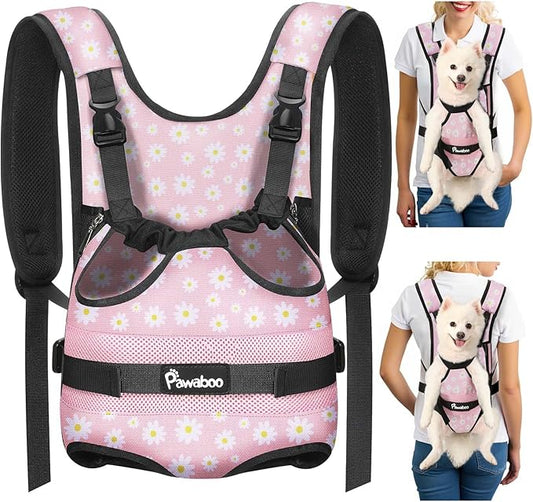 Pawaboo Pet Dog Front Carrier Backpacks, Legs Out Pet Carrier Backpack, Adjustable Easy-fit Dog Chest Carriers for Small Medium Dogs Hands Free for Travel Hiking Cycling Camping, L, Pink Daisy