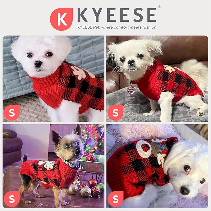 KYEESE Dog Christmas Sweater with Reindeer Pattern, Warm Holiday Outfit,Red Buffalo Plaid Knitwear, Turtleneck Dog Sweater for Small Dogs with Leash Hole, Soft Cozy Puppy Clothes, X-Small
