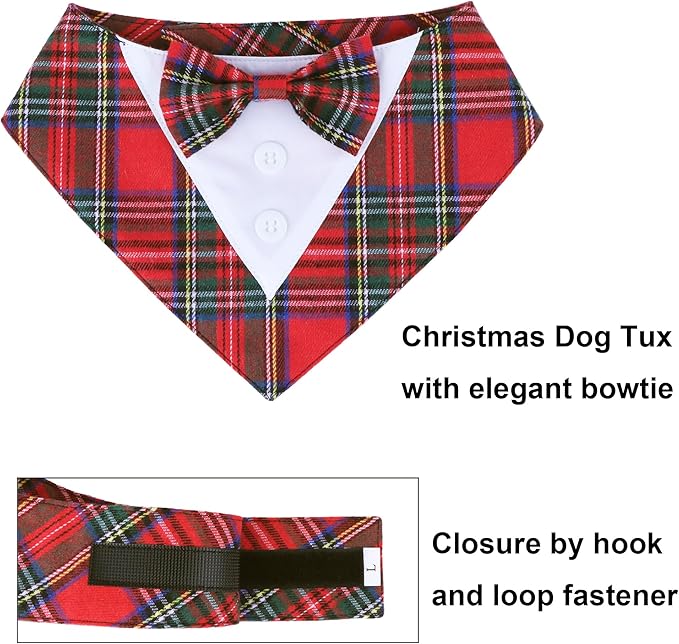ADOGGYGO Christmas Dog Tuxedo Bandana, Red Plaid Pet Chritstmas Collar with Bowtie, Adjustable Christmas Costume for Small Dogs Pets (S)