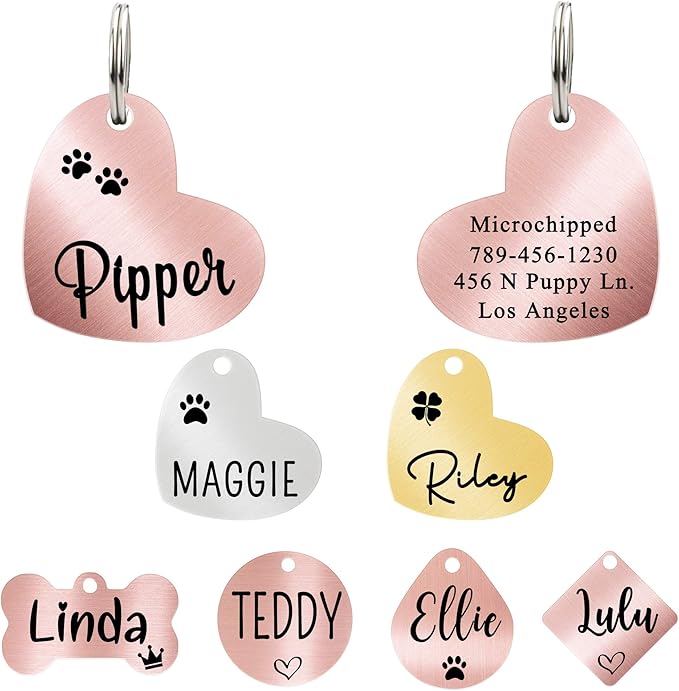 Ultra Joys Custom Personalized Pet ID Tag - Brushed Stainless Steel Heart in Rose Gold, Large