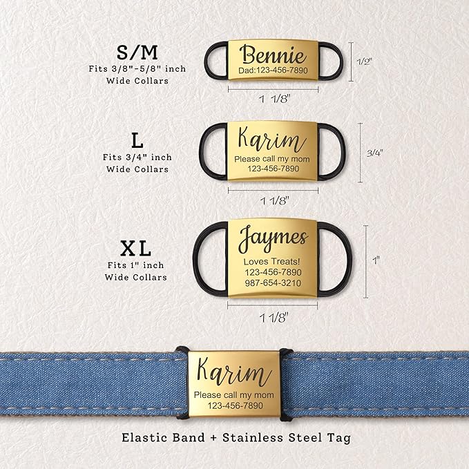 Anavia Slide On Silent Pet ID Tags, S/M/L/XL Personalized Stainless Steel Cat Dog Tag with Elastic Fabric Band, Engraved Nameplate Quiet Chew-Proof Pet Collar Tag (Gold, S/M)