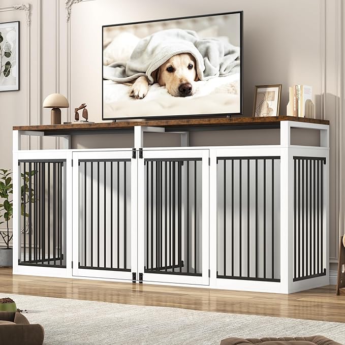 87In Farmhouse Dog Crate TV Stand, Wooden Dog Kennel Furniture with 2 Doors, Large Dog Crate Furniture for 2 Dogs, Solid Metal Tube & 4 Lockable Doors, White