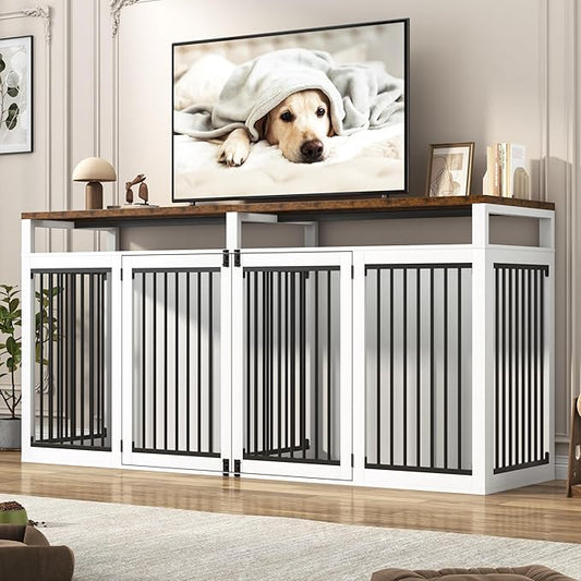 87In Farmhouse Dog Crate TV Stand, Wooden Dog Kennel Furniture with 2 Doors, Large Dog Crate Furniture for 2 Dogs, Solid Metal Tube & 4 Lockable Doors, White
