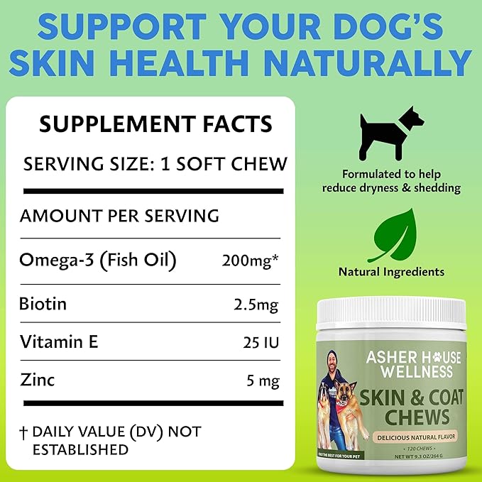 Asher House Wellness Skin & Coat Chews - Dog Itching Skin Relief with Omega 3, 6, 9, Fish Oil, Biotin - Dogs Itchy Paw Licking Chewable Treats, Puppy Dry Itch Supplement - 120 Soft Chews