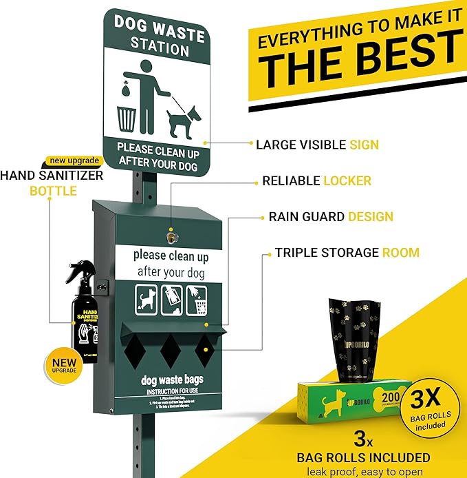 Pet Waste Station - Includes 600 Roll Bags & 50 Can Liners - Original Glow in the Dark Dog Waste Station with Dog Poop Sign, Bag Dispenser, Hand Sanitizer Bottle & Outdoor Trash Can with Lid