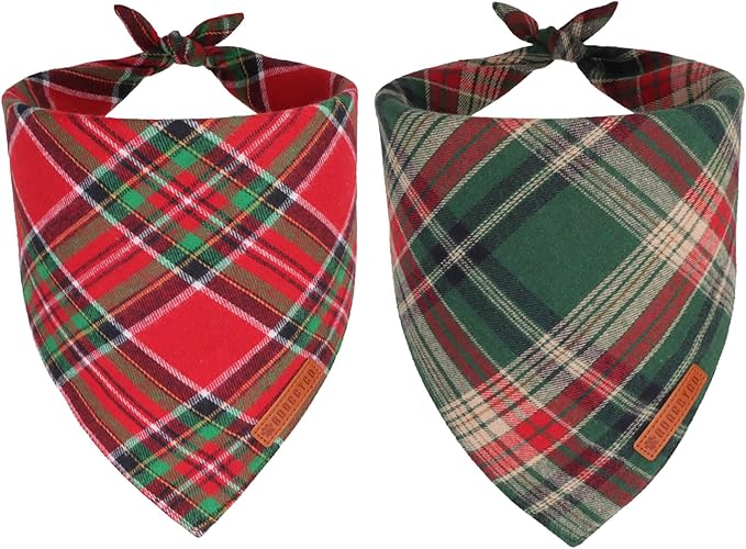 ADOGGYGO Christmas Dog Bandanas 2 Pack, Premium Cotton Fabric, Red Green Plaid Xmas Pet Scarf, Christmas Bandanas for Small Dogs (Small)