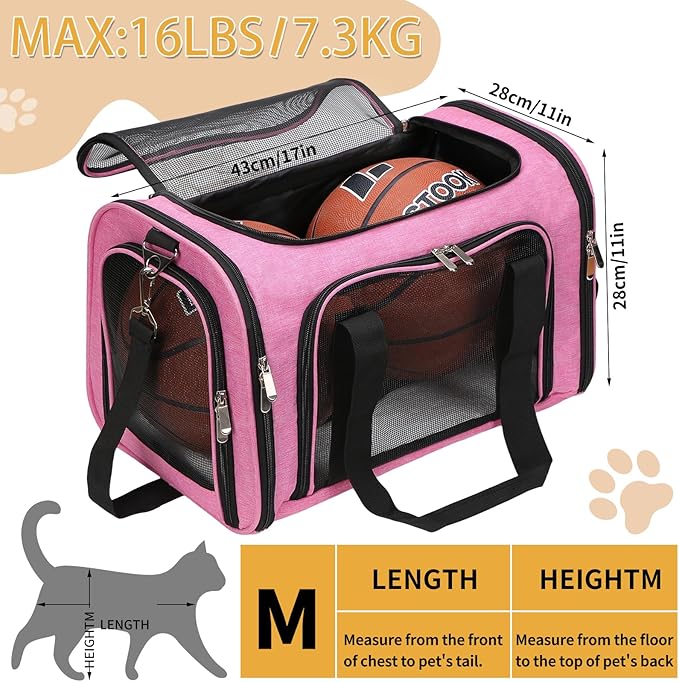 Soft-Sided Cat/Dog/Pet Carrier, Collapsible Pets Travel Carriers for Big Cats/Small Dogs with Shoulder Strap & Removable Mat, Mesh Puppy Carry Bag, Up to 16 Lbs, TSA Airline Approved (Pink)