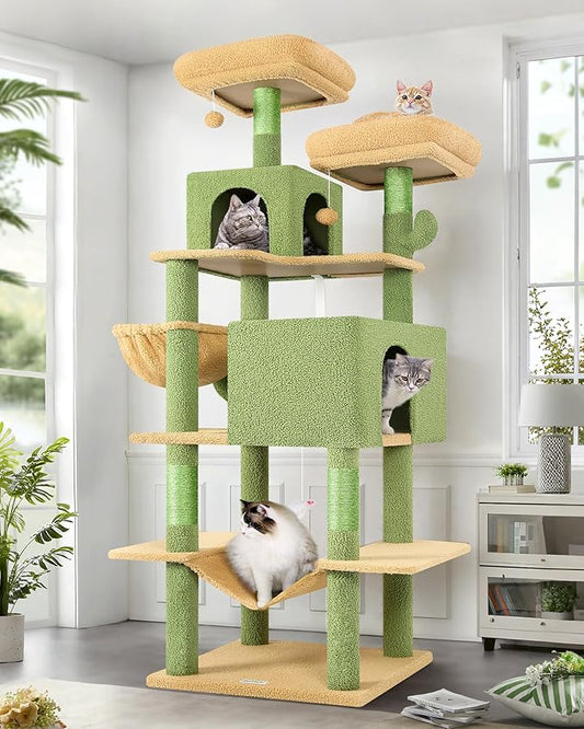 Globlazer Cactus Cat Tree Tower 76-Inch Extra Tall Multi-Level Cat Furniture with Cozy Condos,Interactive Toys and Perches for Large Cats, Perfect for Climbing, Scratching, and Play, F76, Green