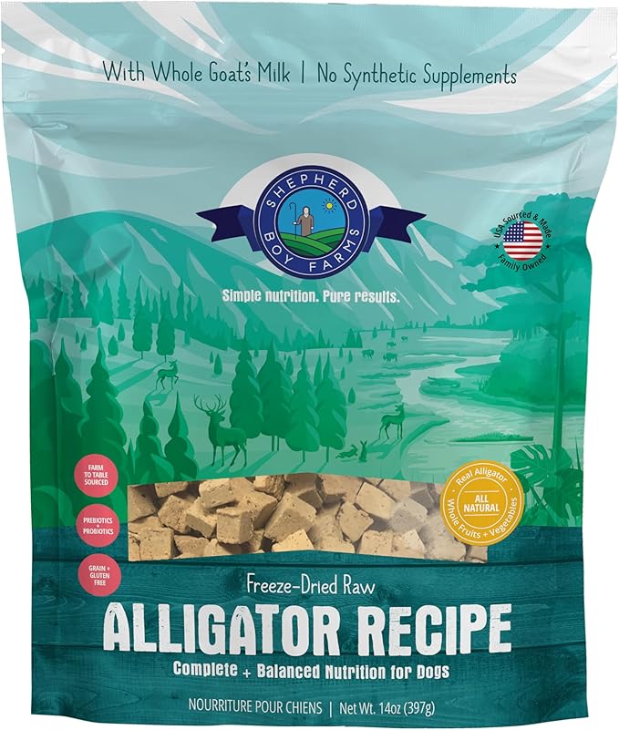 Shepherd Boy Farms Freeze Dried Raw Dog Food, Alligator Recipe, All Natural, No Synthetics, Made in USA with Goat's Milk & Organic Produce, High Protein, Complete Meal (14oz)