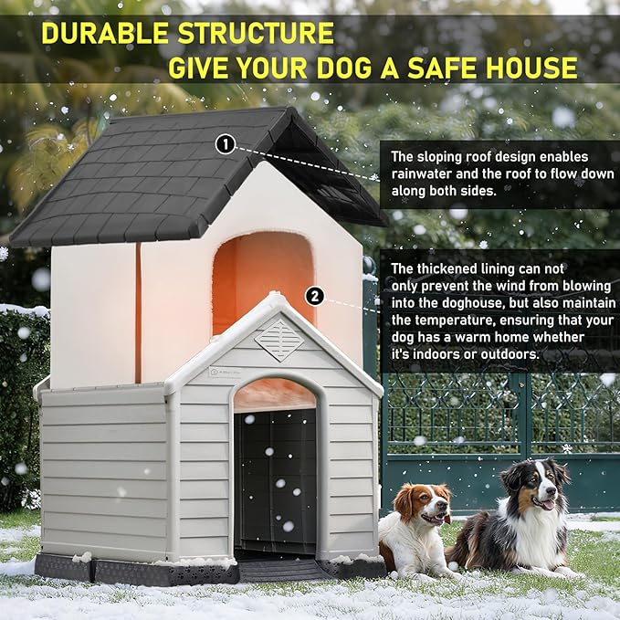 LEMBERI Durable Waterproof Plastic Dog House for Small to Large Sized Dogs, Indoor Outdoor Doghouse Insulated Puppy Shelter with Elevated Floor, Easy to Assemble (Gray with Liner, 42''L*38''W*39''H)