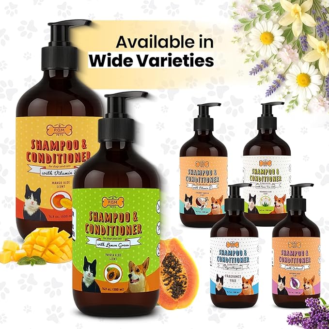 POM Pets 2 Pack 2-in-1 Organic Dog Shampoo & Conditioner – Itchy Skin Relief, Dog Deshedding, Detangles Fur, Cat Shampoo, Paw Cleaner for Dogs, Natural Coat Defense Formula