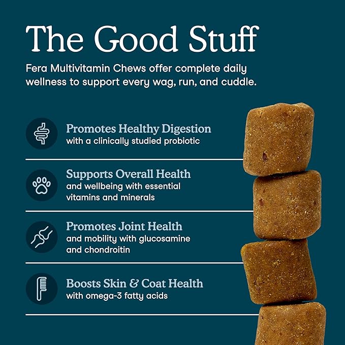 Fera Pets Dog Multivitamin Chews with Glucosamine and Probiotics - Essential Dog Vitamins & Minerals - Promotes Healthy Digestion & Joints - Boosts Skin & Coat Health with Omega-3s - 30 Soft Chews