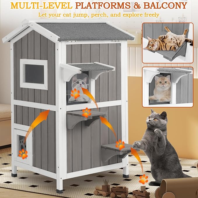 PetsCosset Insulated Cat House Outdoor Weatherproof All-Round Insulation Two Story Outside Wooden Feral Cat Shelter for Winter with 2 Escape Doors, Pull Out Floor and Openable Roof for Cats, Grey