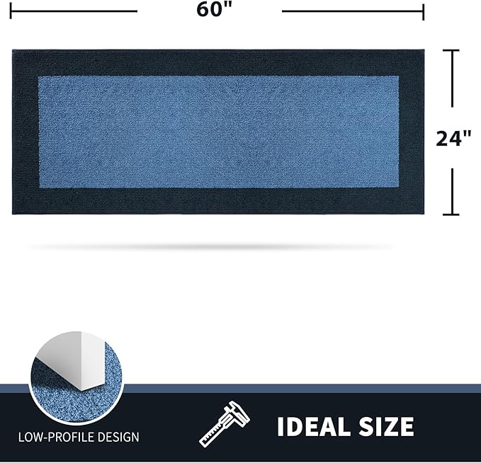 PURRUGS Dirt Trapping Door Mat 24" x 60", Non-Slip/Skid Machine Washable Entryway Rug, Shoes Scraper, Throw Rug, Super Absorbent Area Rug for Muddy Wet Shoes and Paws, Light Blue & Navy