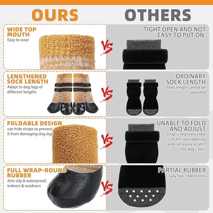 KOOLTAIL Anti Slip Dog Socks to Prevent Licking Paws for Hot/Clod Pavement, Waterproof Long Snow Dog Boots&Paw Protector with Strap Traction Control for Hardwood Floor for Small Medium Large Dogs