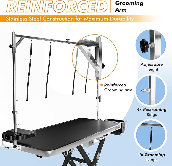 KANIS Professional Electric Dog Grooming Table - Heavy Duty, Height Adjustable Pet Grooming Table w/Leveling Wheels, Grooming Arm, Anti Slip Tabletop & Tool Organizer/Dog Grooming Station (60", BLACK)